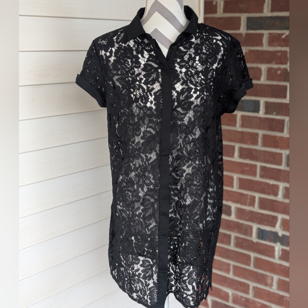 Forever 21 Sheer Black Lace Button-Up Top